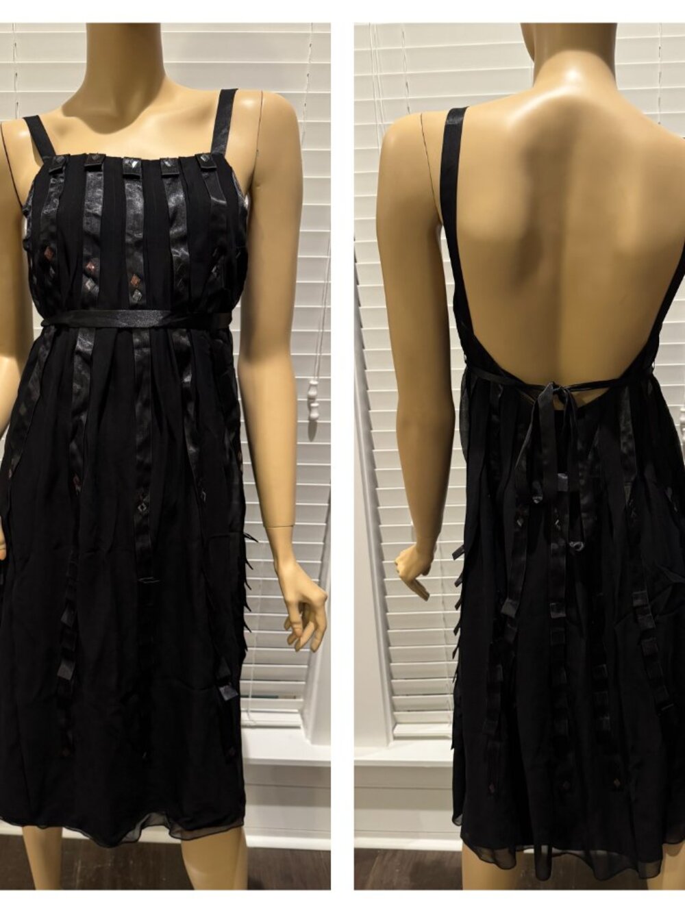 Sue Wong Dress Y2k Silk Hand Beaded Evening Gown black Ribbons short midi New K7